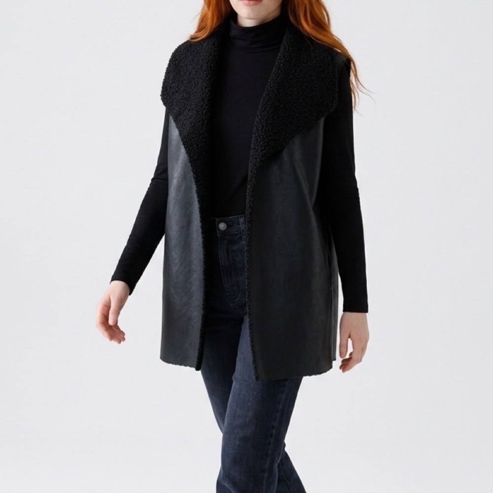 Women's Black Faux Leather Sherpa Waterfall Draped Vest Moto Biker
